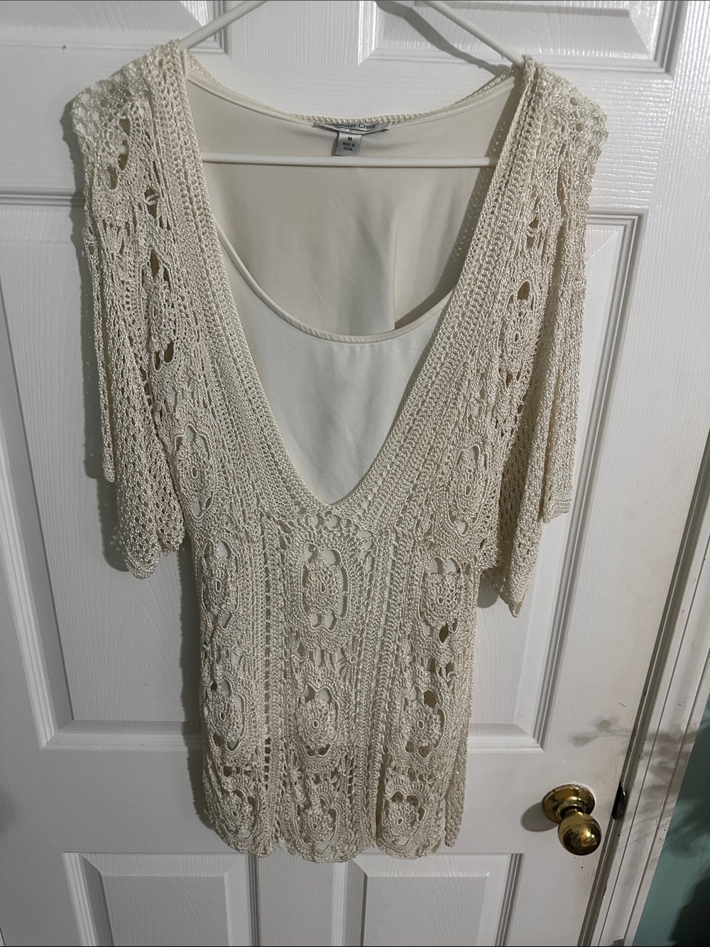 Coldwater Creek Cream Crochet Knit V-Neck Layered Top